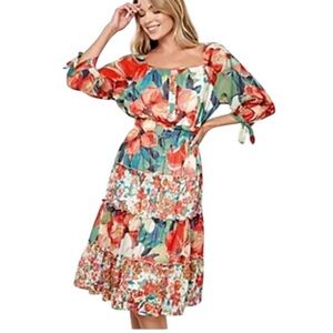 FIGUEROA & FLOWER Floral Smocked Waist 3/4 Sleeves Tiered Ruffles Never Worn S